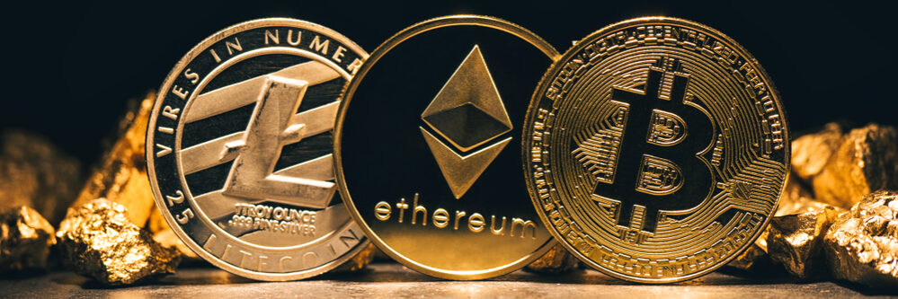 Golden,Cryptocurrencys,Bitcoin,,Ethereum,,Litecoin,And,Mound,Of,Gold,-