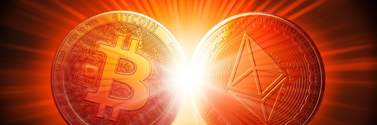 Clash,Of,Bitcoin,And,Ethereum,Coins,On,A,Bright,Starburst