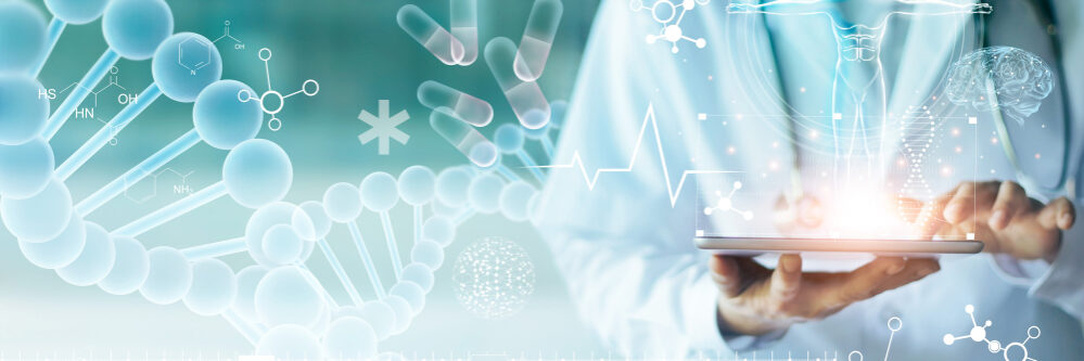 Medicine,Doctor,Touching,Electronic,Medical,Record,On,Tablet.,Dna.,Digital