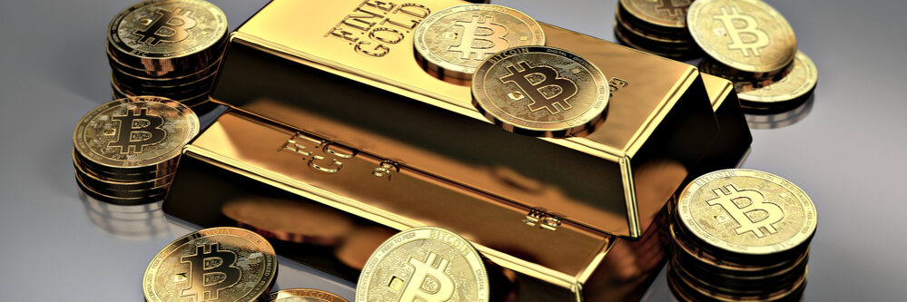 Stack,Of,Golden,Bitcoins,Around,Gold,Bar,(bullion,Bar).,Bitcoin
