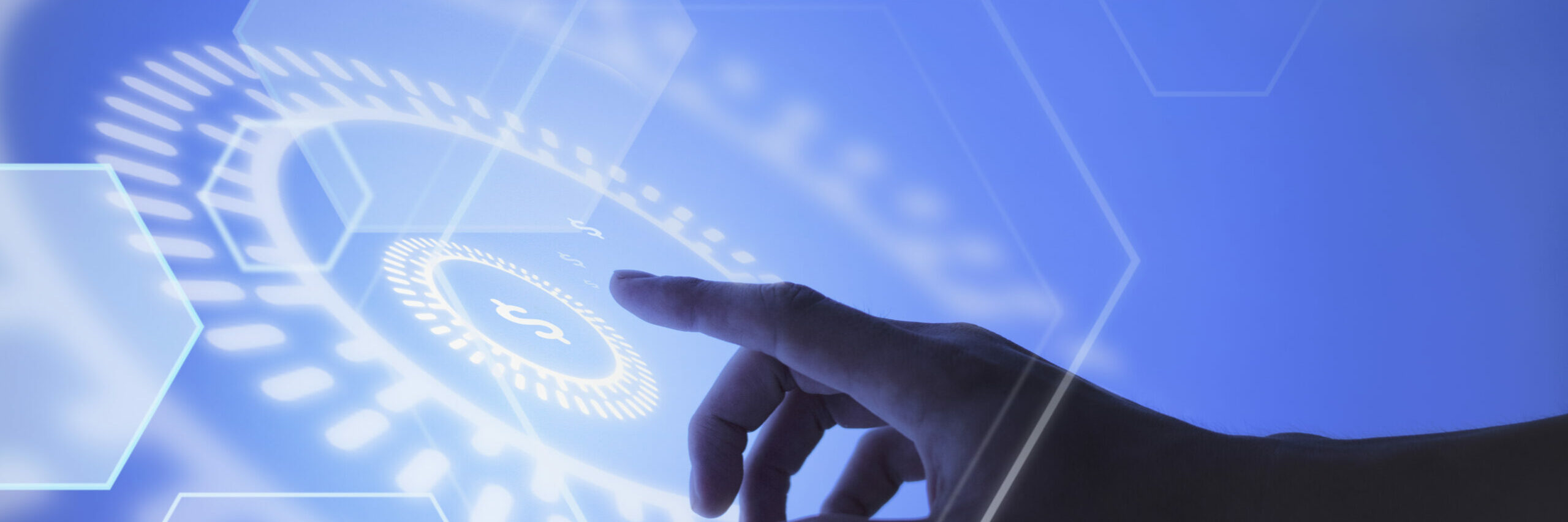 Hand pointing at currency blockchain technology background