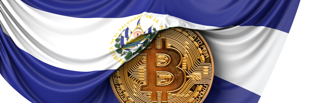 El,Salvador,Flag,Draped,Over,A,Bitcoin,Cryptocurrency,Coin.,3d