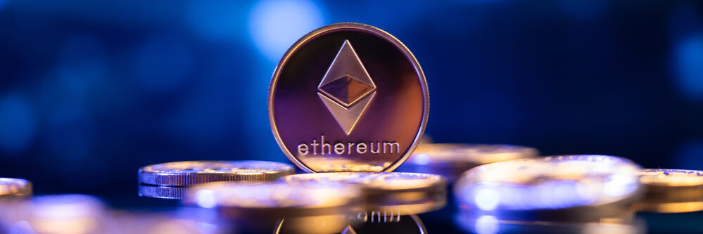 Ethereum,(eth),Cryptocurrency,Coin,In,Front,Of,An,Abstract,Blue