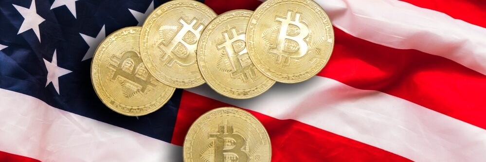 Five,Bitcoin,Over,United,States,Flag.,Cryptocurrency,In,United,States.