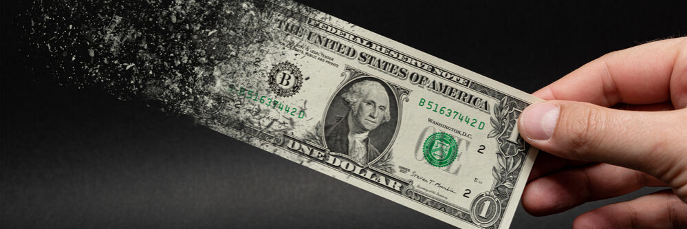 Inflation,,Dollar,Hyperinflation,With,Black,Background.,One,Dollar,Bill,Is
