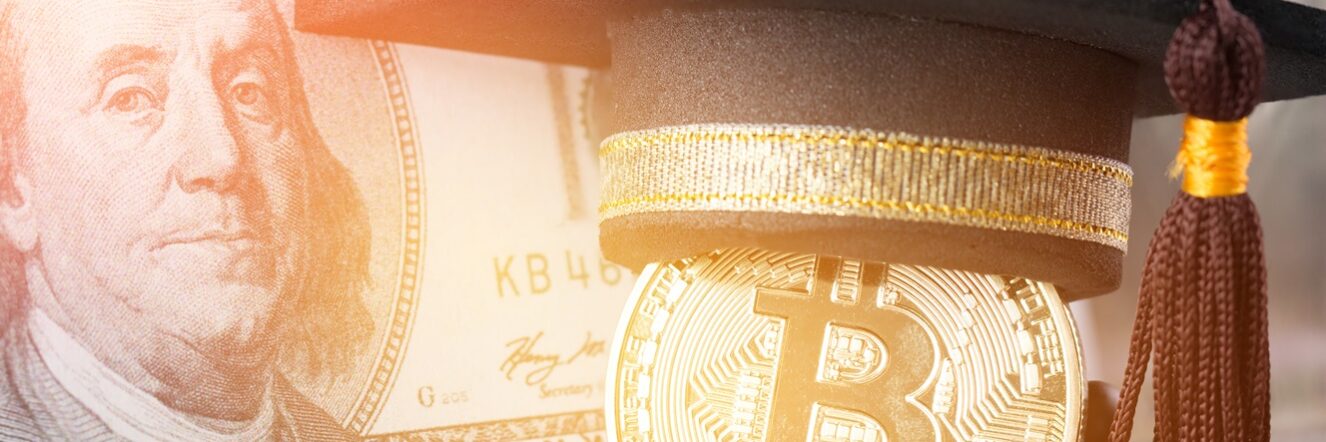 International,Graduation,Cap,On,Bitcoin,Cryptocurrency,And,Blur,Foreign,Money