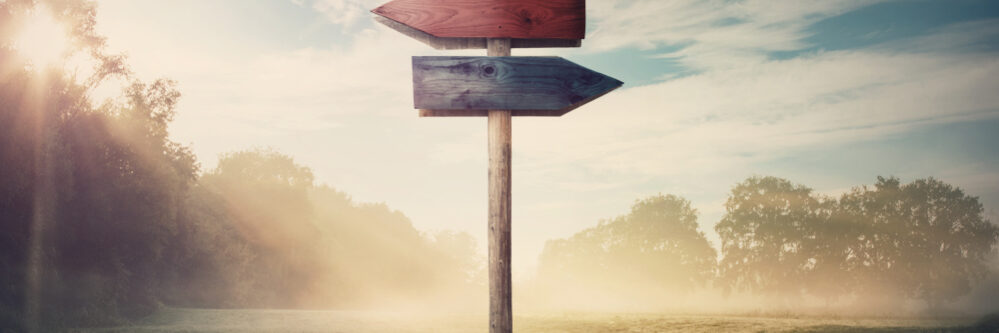 Surreal,Landscape,With,A,Split,Road,And,Signpost,Arrows,Showing